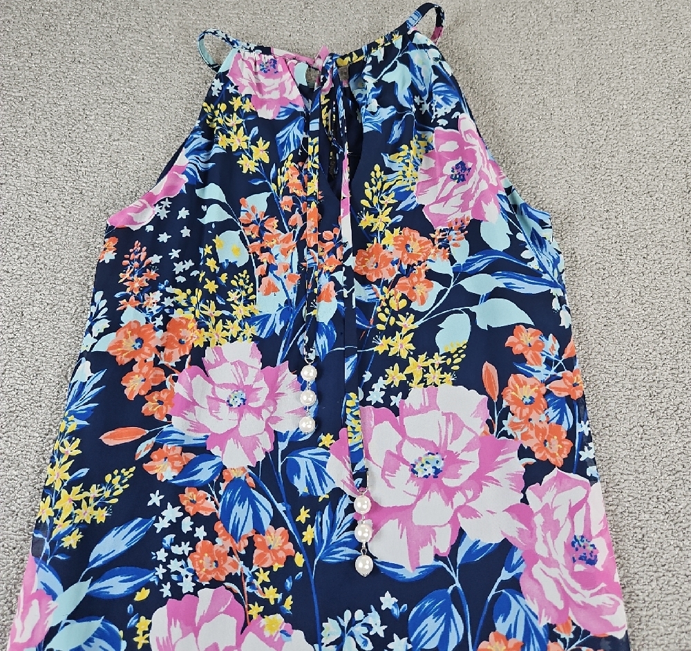 ROZ & ALI Size Medium Sleeveless Midi Back tie w/ pearls Floral Dress Lined - Picture 2 of 8